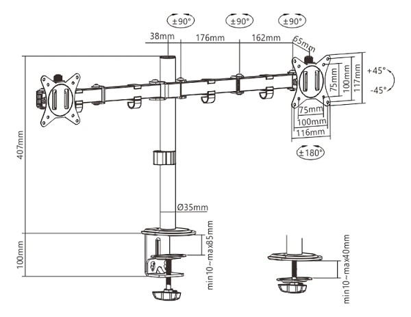 BRATECK βάση γραφείου LDT66-C024 για 2 οθόνες 17-32, έως 9kg ανά οθόνη LDT66-C024