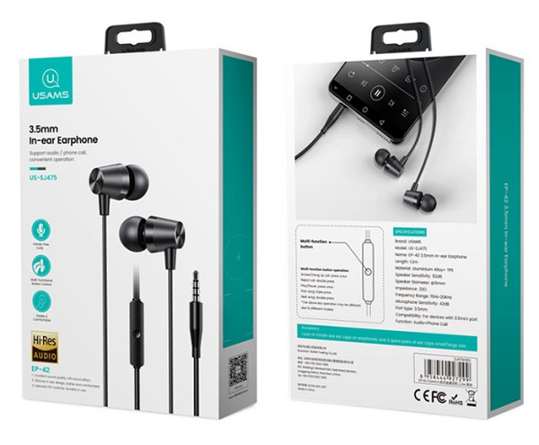 USAMS earphones με μικρόφωνο EP-42, 3.5mm σύνδεση, Φ10mm, 1.2m, μαύρα SJ475HS01