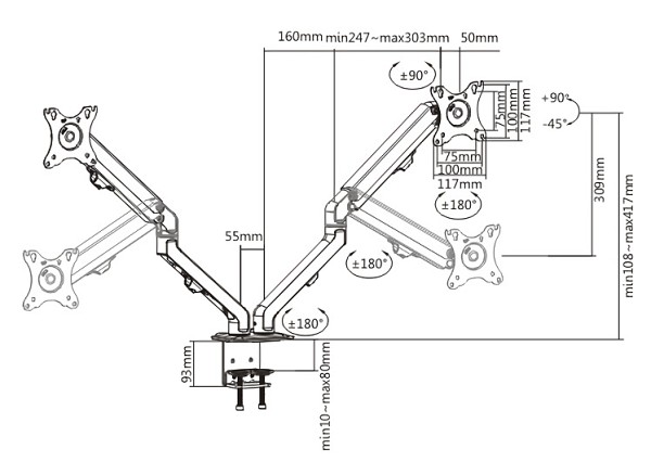 BRATECK βάση γραφείου LDT45-C024 για 2 οθόνες 17-27, έως 7kg ανά οθόνη LDT45-C024