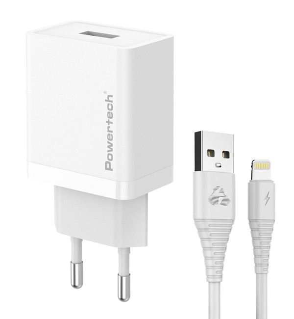 POWERTECH φορτιστής τοίχου PT-1323 με καλώδιο Lightning, USB, 12W, λευκός PT-1323