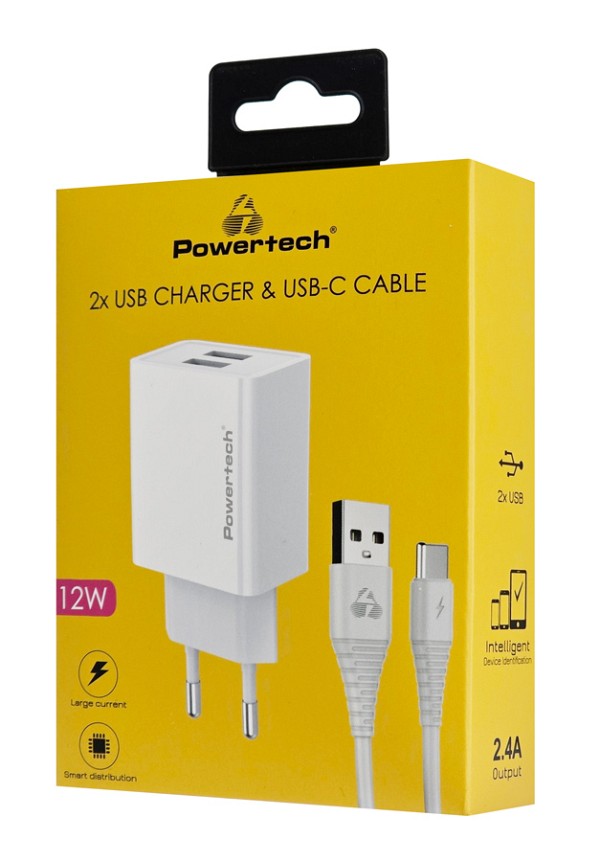 POWERTECH φορτιστής τοίχου PT-1324 με καλώδιο USB-C, 2x USB, 12W, λευκός PT-1324