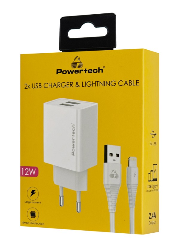 POWERTECH φορτιστής τοίχου PT-1325 με καλώδιο Lightning, 2x USB, 12W, λευκός PT-1325