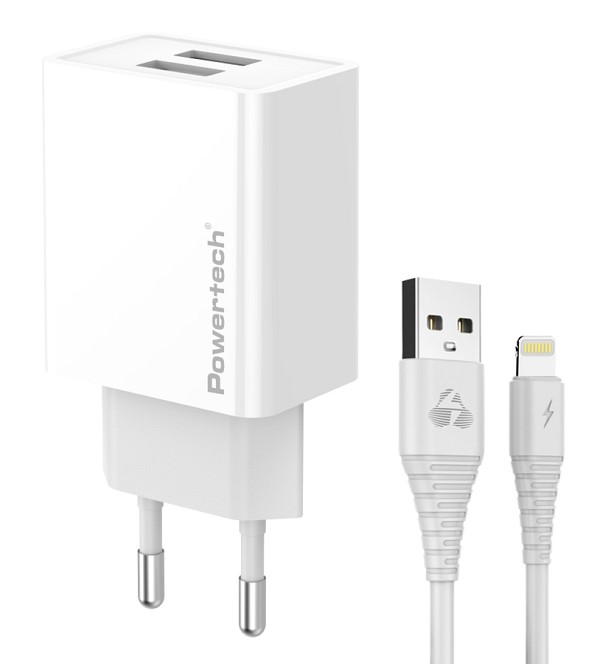 POWERTECH φορτιστής τοίχου PT-1325 με καλώδιο Lightning, 2x USB, 12W, λευκός PT-1325