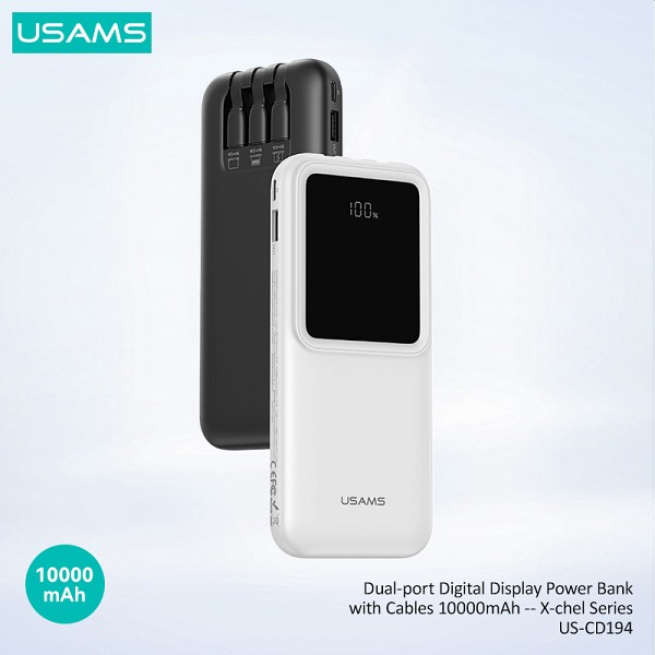 USAMS power bank US-CD194 με καλώδια, 5x έξοδοι, 10000mAh, 10W, μαύρο 10KCD19401