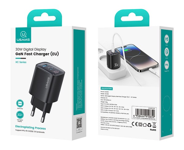 USAMS φορτιστής τοίχου US-CC229, USB & USB-C, 30W, GaN, μαύρος CC229TC01