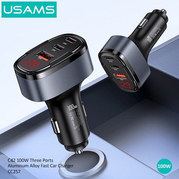 USAMS φορτιστής αυτοκινήτου US-CC257, USB/USB-C/Lightning, 100W, γκρι CC257CC01