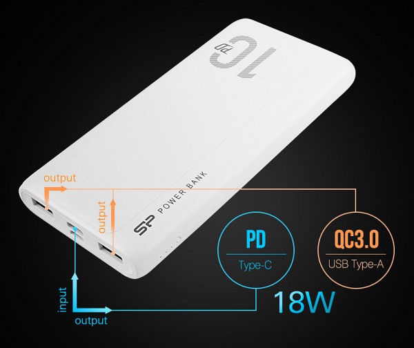 SILICON POWER power bank QP15, 10000mAh, 2x USB & USB Type-C, 3A, λευκό SP10KMAPBKQP150W