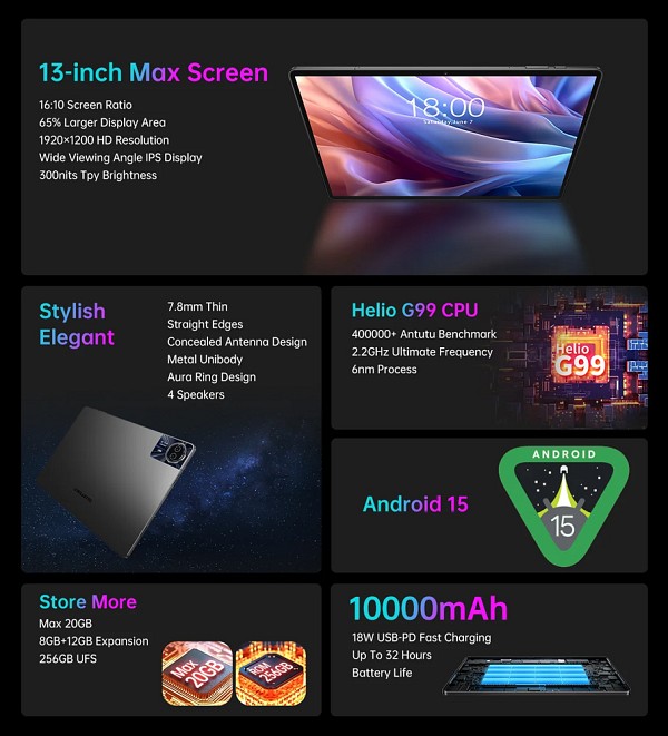 TECLAST tablet T65 Max, 13, 8/256GB, 4G, Android 15, 10000mAh, γκρι T65MAX-BK