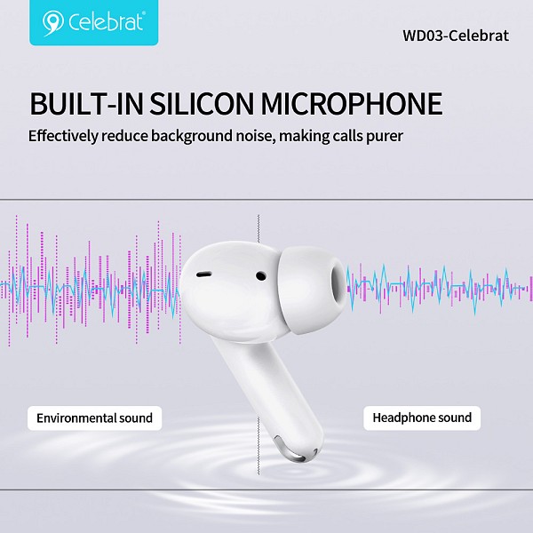 CELEBRAT earphones με θήκη φόρτισης WD03, True Wireless, 13mm, 30/300mAh, μαύρα WD03-BK