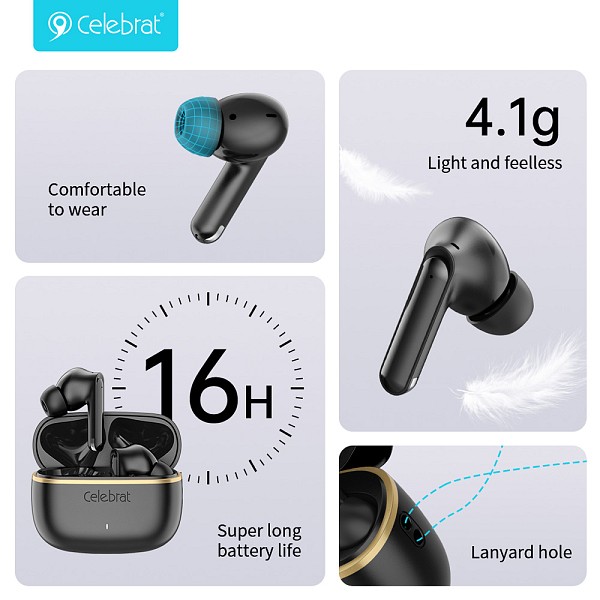 CELEBRAT earphones με θήκη φόρτισης WD03, True Wireless, 13mm, 30/300mAh, μαύρα WD03-BK