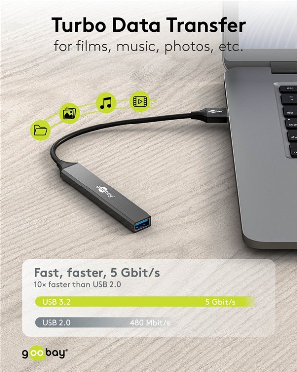 GOOBAY USB hub 74456, 4x θυρών, USB 3.2, 5Gbps, USB σύνδεση, γκρι 74456