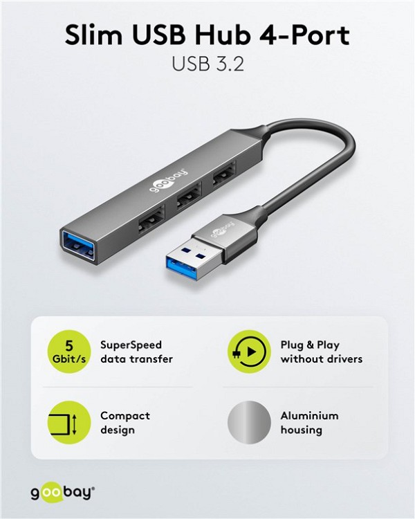 GOOBAY USB hub 74456, 4x θυρών, USB 3.2, 5Gbps, USB σύνδεση, γκρι 74456