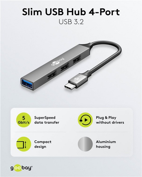 GOOBAY USB hub 74457, 4x θυρών, USB 3.2, 5Gbps, USB-C σύνδεση, γκρι 74457