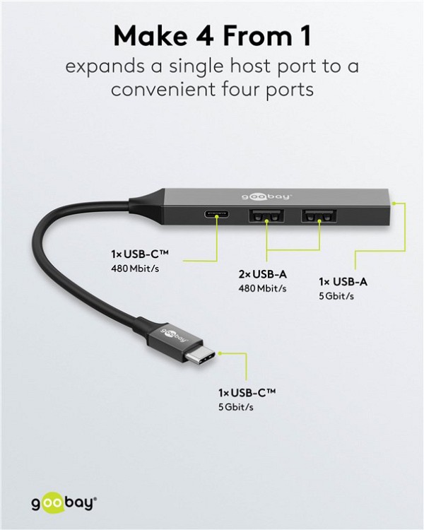 GOOBAY USB hub 74459, 4x θυρών, USB 3.2, 5Gbps, USB-C σύνδεση, γκρι 74459