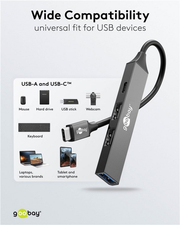 GOOBAY USB hub 74459, 4x θυρών, USB 3.2, 5Gbps, USB-C σύνδεση, γκρι 74459