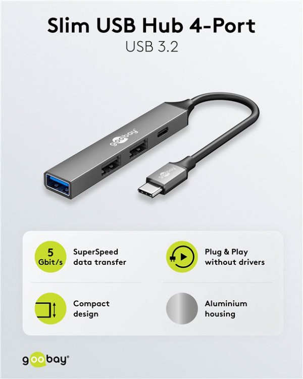 GOOBAY USB hub 74459, 4x θυρών, USB 3.2, 5Gbps, USB-C σύνδεση, γκρι 74459