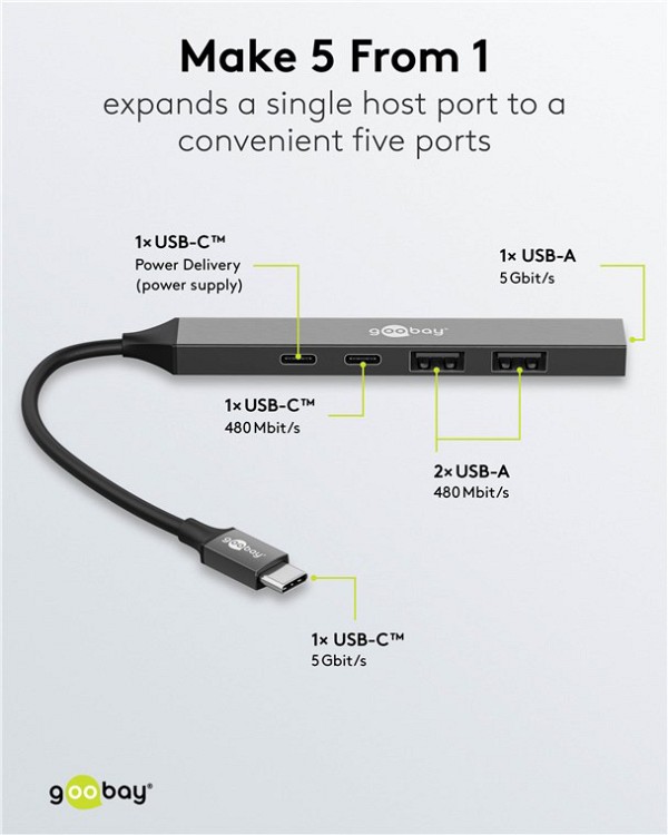 GOOBAY USB hub 74460, 5x θυρών, USB 3.2, 5Gbps, 100W, USB-C σύνδεση, γκρι 74460