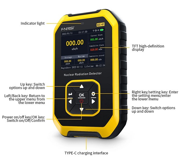 FNIRSI ψηφιακός μετρητής ακτινοβολίας GC-01, β/γ/Χ ακτίνες, επαναφορτιζόμενος FNR-GC-01-YL