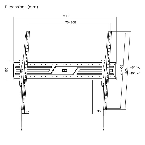 POWERTECH επιτοίχια βάση PT-1368 για τηλεόραση 43-100, έως 75kg, ρυθμιζόμενη κλίση PT-1368