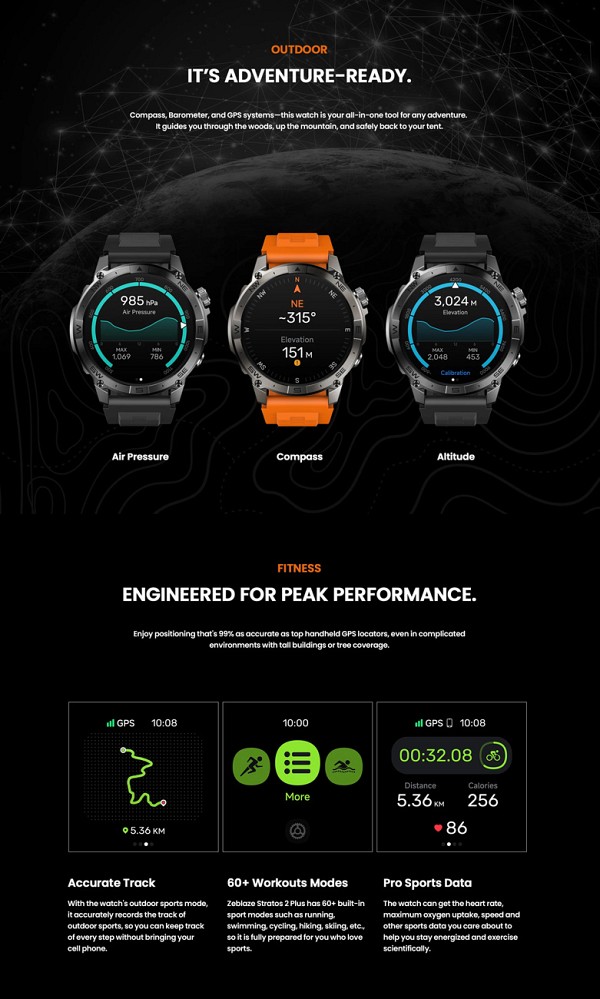 ZEBLAZE smartwatch Stratos 2 Plus, heart rate, 1.43 AMOLED, GPS, μαύρο STRATOS2PLUS-BK