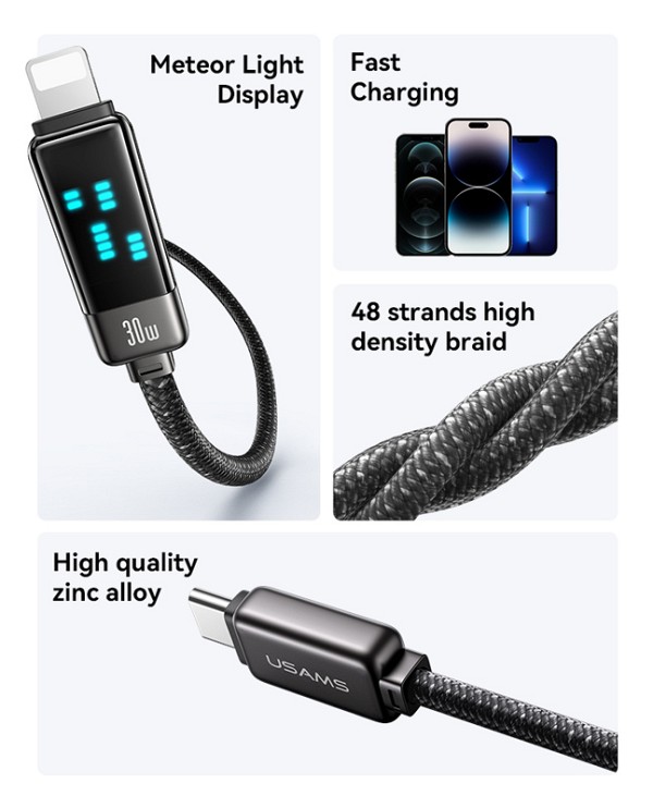 USAMS καλώδιο Lightning σε USB-C SJ743, 30W, 480Mbps, 1.2m, μαύρο SJ743USB01