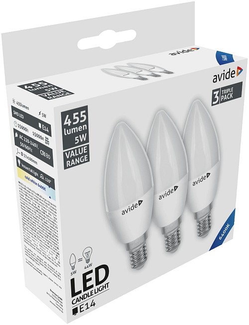 Avide LED Κερί 5W E14 Ψυχρό 6400K Value 3τμχ