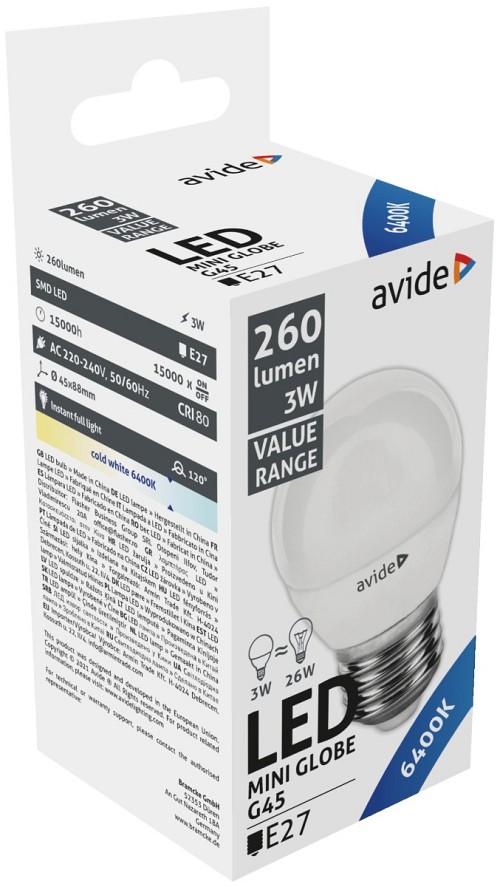 Avide LED Σφαιρική 3W E27 Ψυχρό 6400K Value