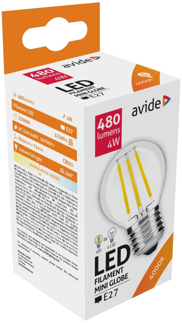 Avide LED Filament Σφαιρική  4W E27 360° Λευκό 4000K