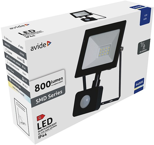 Avide LED Προβολέας Slim SMD  10W Ψυχρό 6400K Φωτοκύτταρο Value