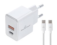 POWERTECH φορτιστής τοίχου PT-1249, καλώδιο, USB/USB-C, 30W, GaN, λευκός PT-1249