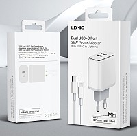 LDNIO φορτιστής τοίχου A2528M με καλώδιο, 2x USB-C, 35W, MFi, λευκό 6933138700280