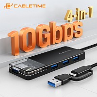 CABLETIME USB hub CT-HUBT5-PB, 4x θυρών, 10Gbps, USB/USB-C σύνδεση, μαύρο CT-HUBT5-PB