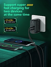 LDNIO φορτιστής τοίχου Q367 με καλώδιο USB-C, 3x USB-C, 65W, GaN, μαύρος 6933138601396