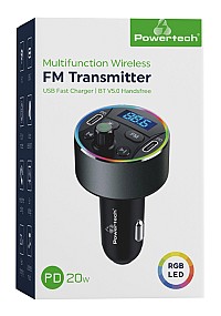 POWERTECH FM Transmitter & φορτιστής 40W PT-1027, οθόνη, RGB, Bluetooth PT-1027