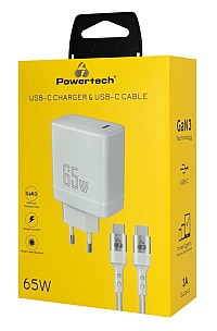 POWERTECH φορτιστής τοίχου PT-1181 με καλώδιο, USB-C, 65W, GaN, λευκός PT-1181