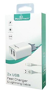 POWERTECH φορτιστής τοίχου PT-777, καλώδιο Lightning, 2x USB 2.1A, λευκό PT-777