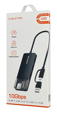 CABLETIME USB hub CT-HUBT5-PB, 4x θυρών, 10Gbps, USB/USB-C σύνδεση, μαύρο CT-HUBT5-PB