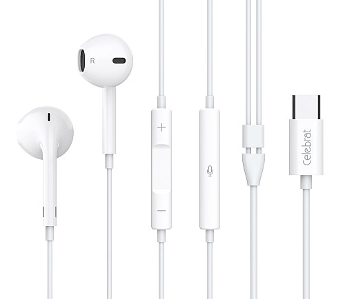 CELEBRAT earphones με μικρόφωνο E500, USB-C σύνδεση, Φ14mm, 1.2m, λευκά E500-WH