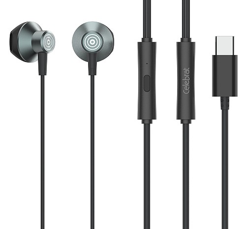 CELEBRAT earphones με μικρόφωνο D14, USB-C σύνδεση, Φ14mm, 1.2m, μαύρα D14-BK