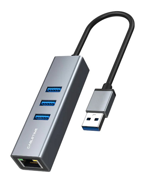 CABLETIME USB hub CT-AMLU3, RJ45 & 3x USB θύρες, 5Gbps, 1000Mbps, γκρι CT-AMLU3-AG