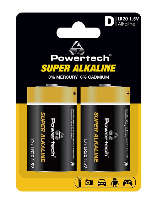 POWERTECH αλκαλικές μπαταρίες Super Alkaline PT-1217, LR20, 1.5V, 2τμχ PT-1217