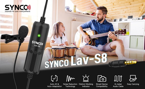 SYNCO μικρόφωνο Lav-S8 με clip-on, omnidirectional, 3.5mm, 8m, μαύρο SY-S8-BK