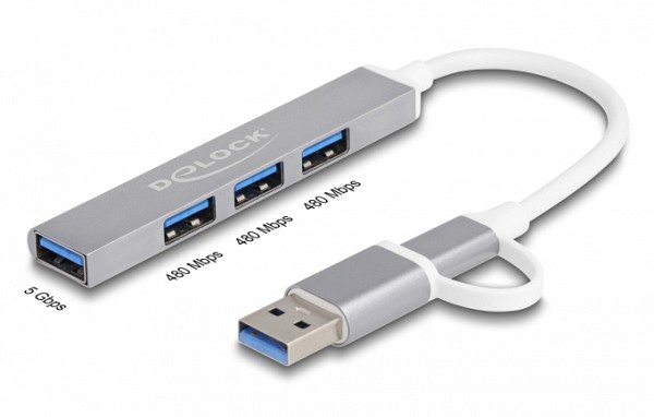 DELOCK USB hub 64214, 4x θυρών, 5Gbps, USB & USB-C σύνδεση, γκρι 64214