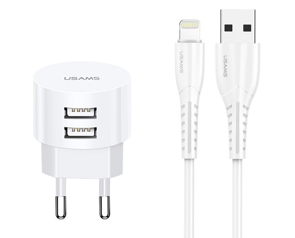 USAMS φορτιστής τοίχου T20 & καλώδιο Lightning, 2x USB, 2.1A, λευκός XTXLOGT1804