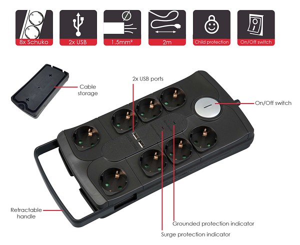 POWERTECH πολύπριζο ασφαλείας PT-995, 8x schuko & 2x USB, 16A, 2m, μαύρο PT-995