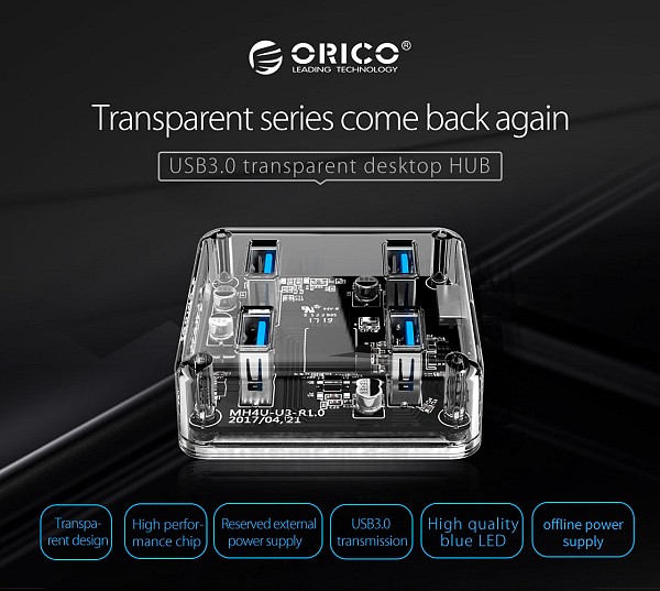 ORICO USB hub MH4U-U3, 4x θυρών, 5Gbps, διάφανο MH4U-U3-10-CR-BP