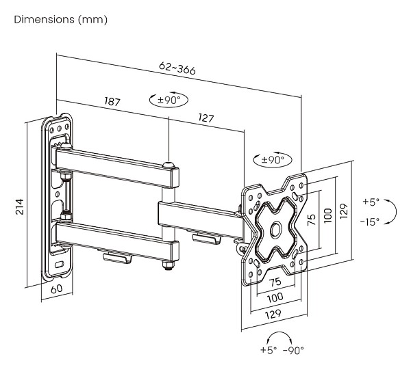 POWERTECH επιτοίχια βάση PT-1279 για τηλεόραση 13-32, full motion, 20kg PT-1279