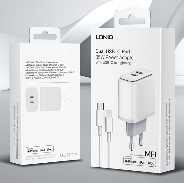 LDNIO φορτιστής τοίχου A2528M με καλώδιο, 2x USB-C, 35W, MFi, λευκό 6933138700280