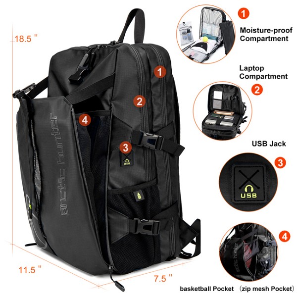 ARCTIC HUNTER τσάντα πλάτης B00391 με θήκη μπάλας & laptop, 26L, μαύρη B00391-BK