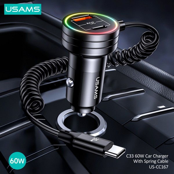 USAMS φορτιστής αυτοκινήτου US-CC167 με καλώδιο, USB/USB-C, 60W, μαύρος CC167CC01